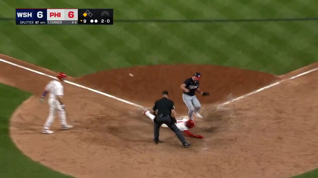 Bryson Stott scores on a wild pitch from Kyle Finnegan, securing the Phillies' 7-6 win over Nationals